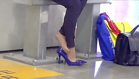 Wonderful Lady Wearing Provocative Nylon Stockings With Brand New Blue Shoes